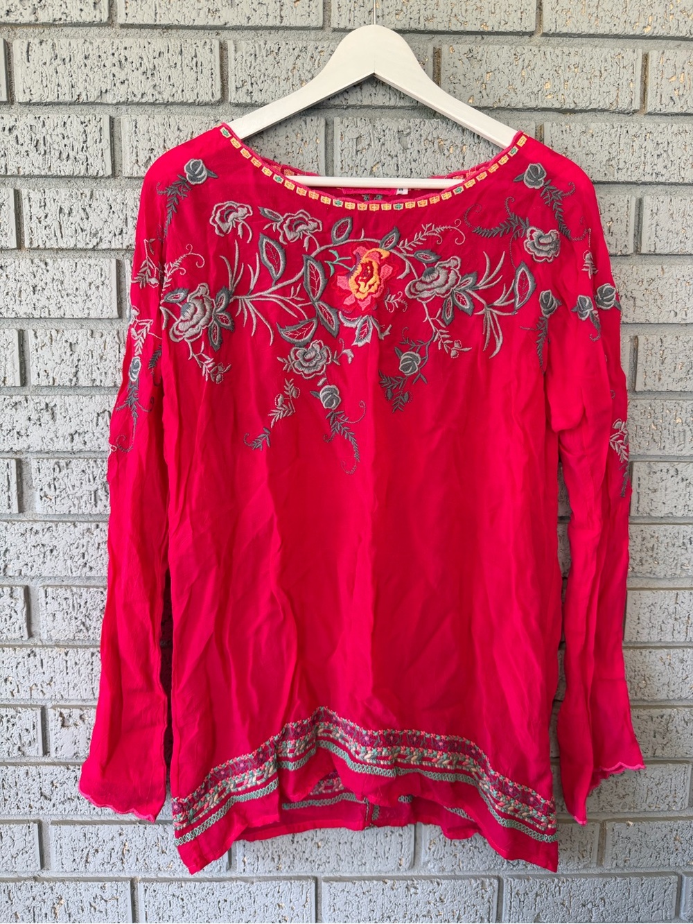 Johnny Was Hot Pink Embroidered Floral Long Sleeve Top Size Small